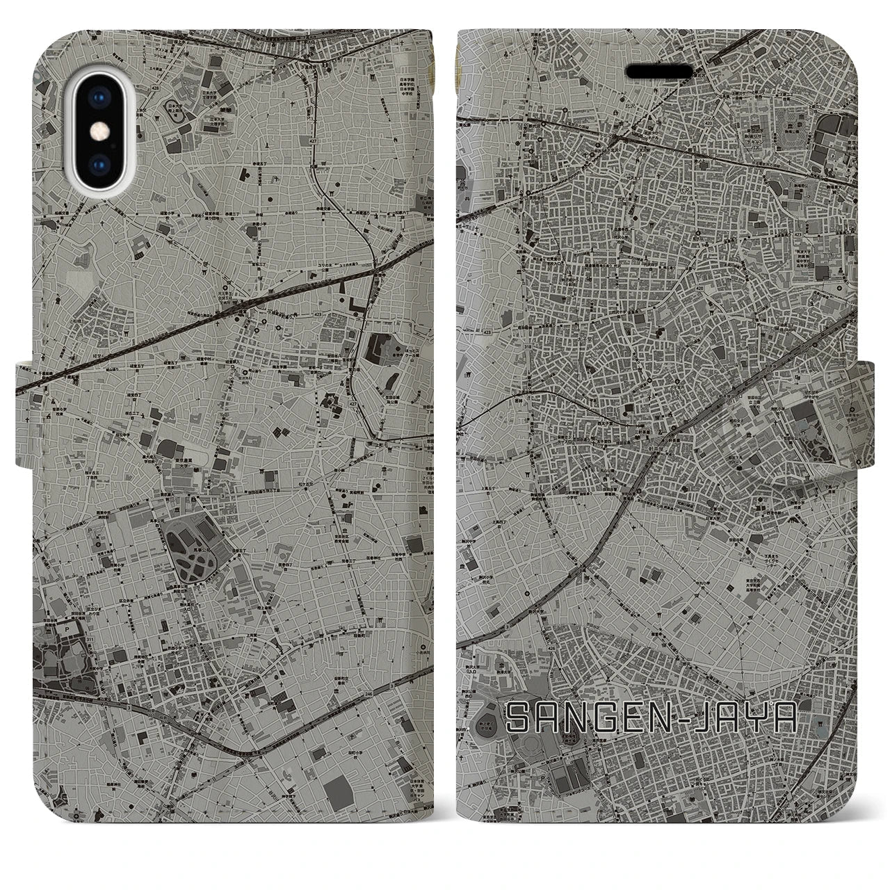 【三軒茶屋(東京都)】地図柄iPhoneケース(手帳タイプ)モノトーン・iPhone XS Max 用