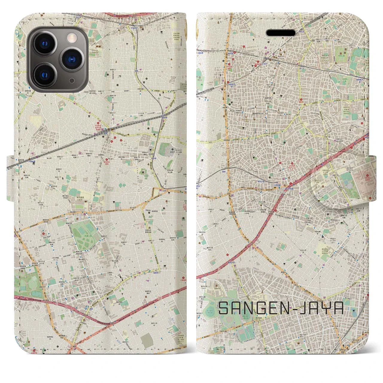 【三軒茶屋(東京都)】地図柄iPhoneケース(手帳タイプ)ナチュラル・iPhone 11 Pro Max 用