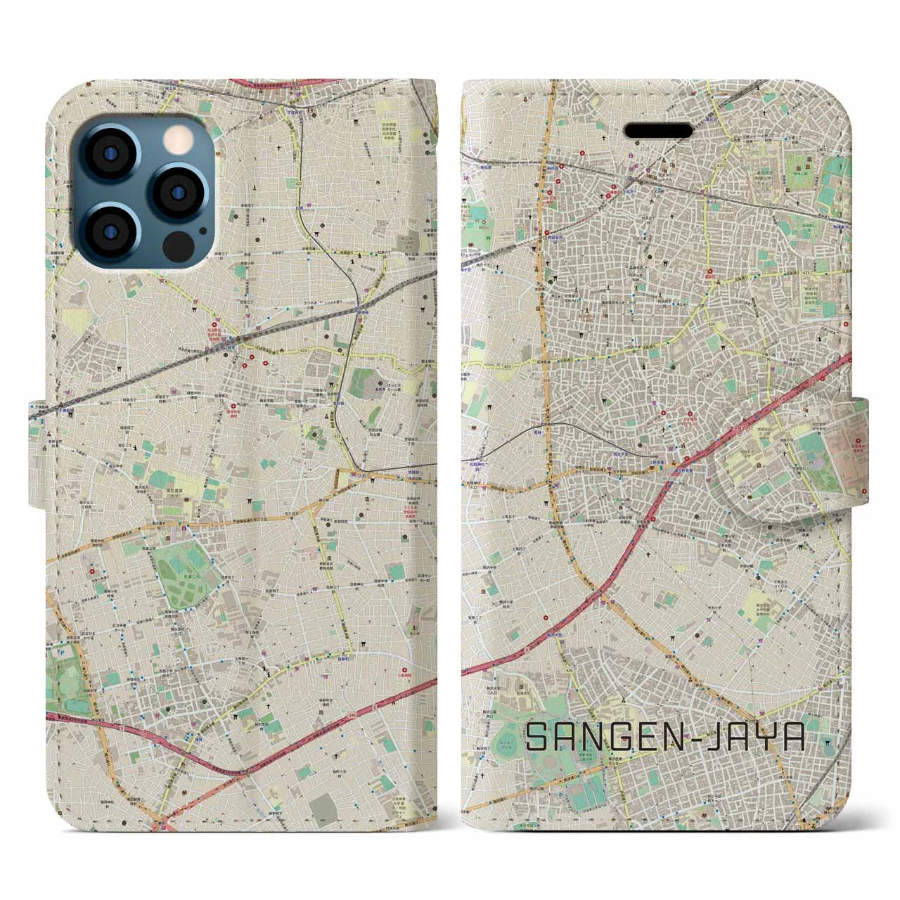 【三軒茶屋(東京都)】地図柄iPhoneケース(手帳タイプ)ナチュラル・iPhone 12 / 12 Pro 用