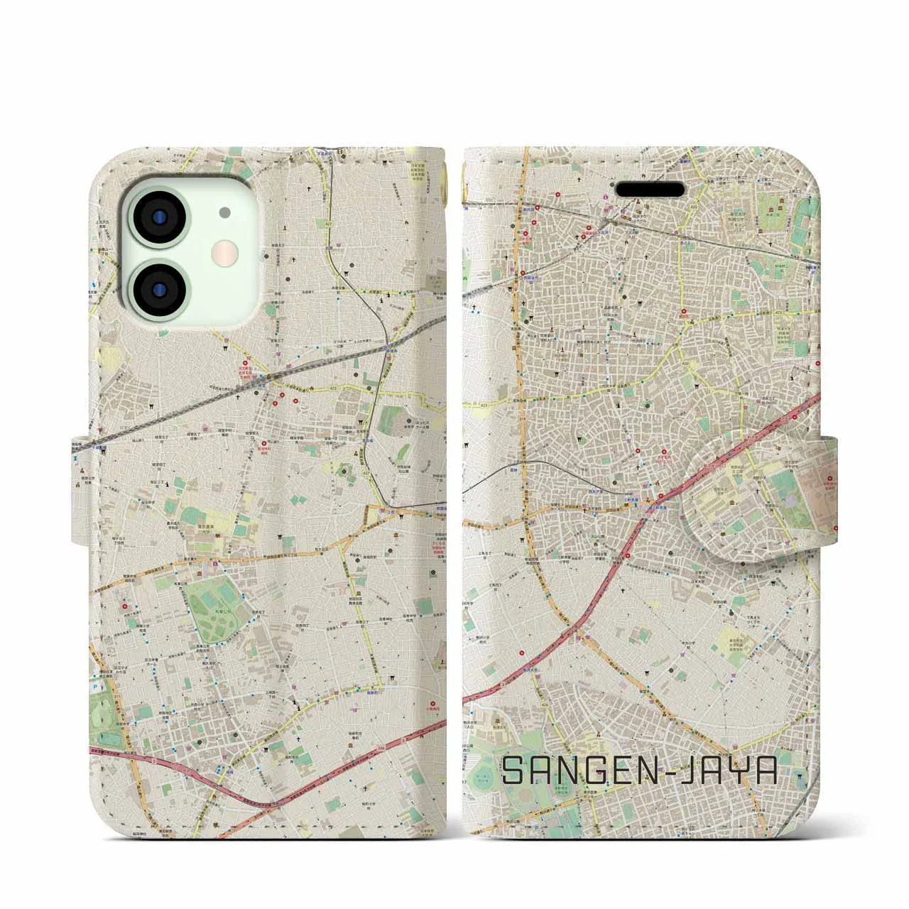 【三軒茶屋(東京都)】地図柄iPhoneケース(手帳タイプ)ナチュラル・iPhone 12 mini 用