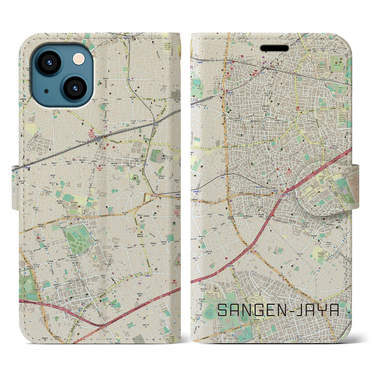 【三軒茶屋(東京都)】地図柄iPhoneケース(手帳タイプ)ナチュラル・iPhone 13 用