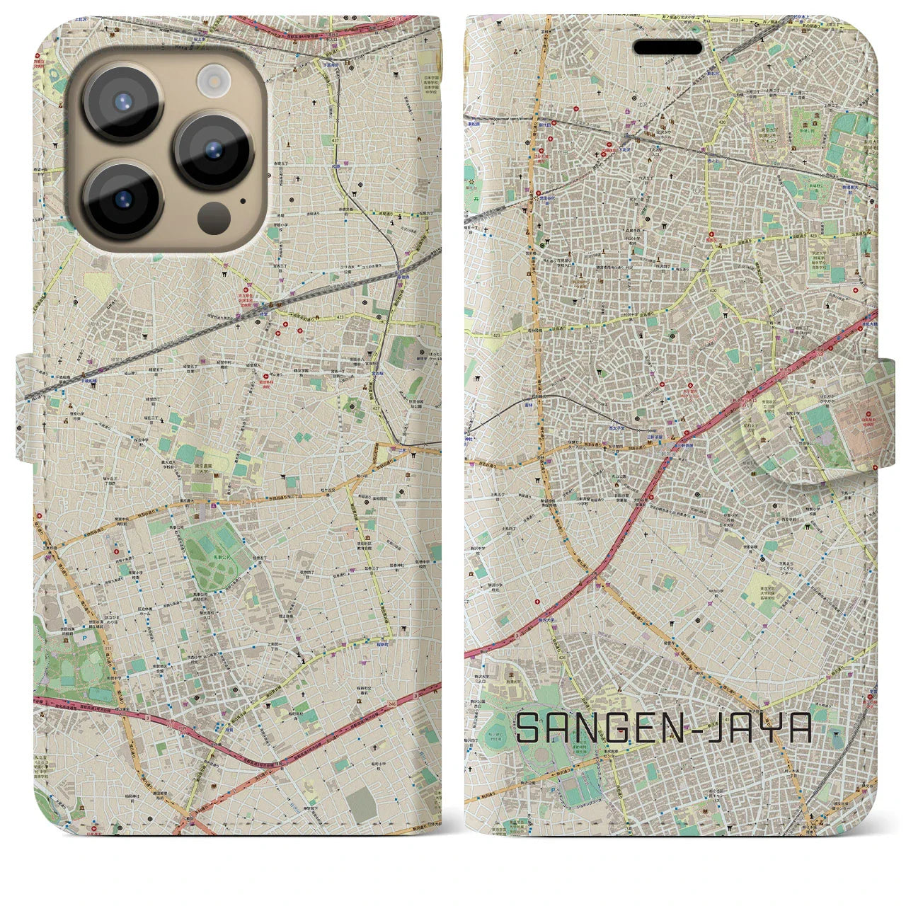 【三軒茶屋(東京都)】地図柄iPhoneケース(手帳タイプ)ナチュラル・iPhone 14 Pro Max 用