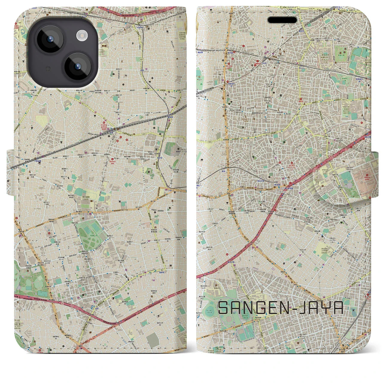 【三軒茶屋(東京都)】地図柄iPhoneケース(手帳タイプ)ナチュラル・iPhone 14 Plus 用