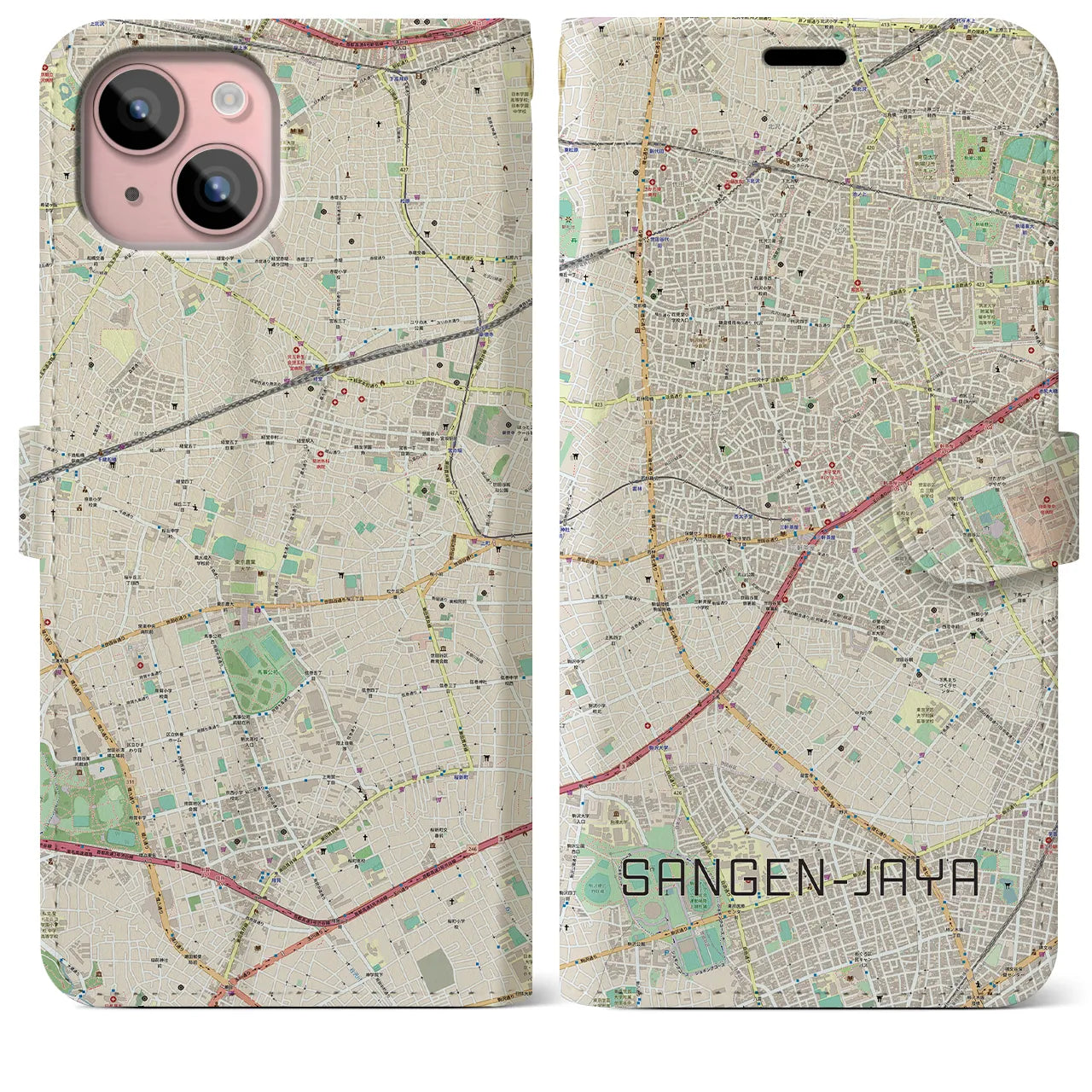 【三軒茶屋(東京都)】地図柄iPhoneケース(手帳タイプ)ナチュラル・iPhone 15 Plus 用
