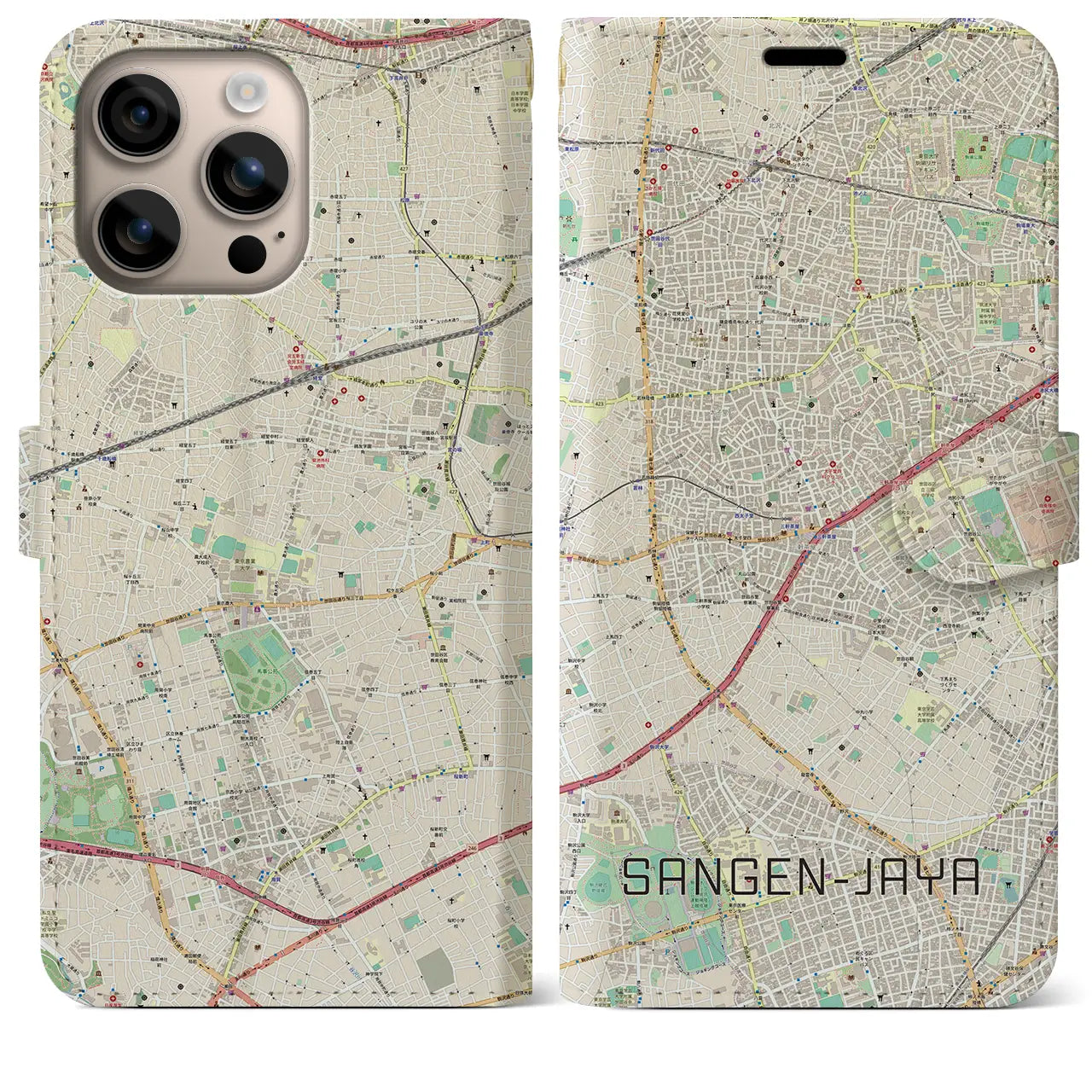 【三軒茶屋(東京都)】地図柄iPhoneケース(手帳タイプ)ナチュラル・iPhone 16 Plus 用