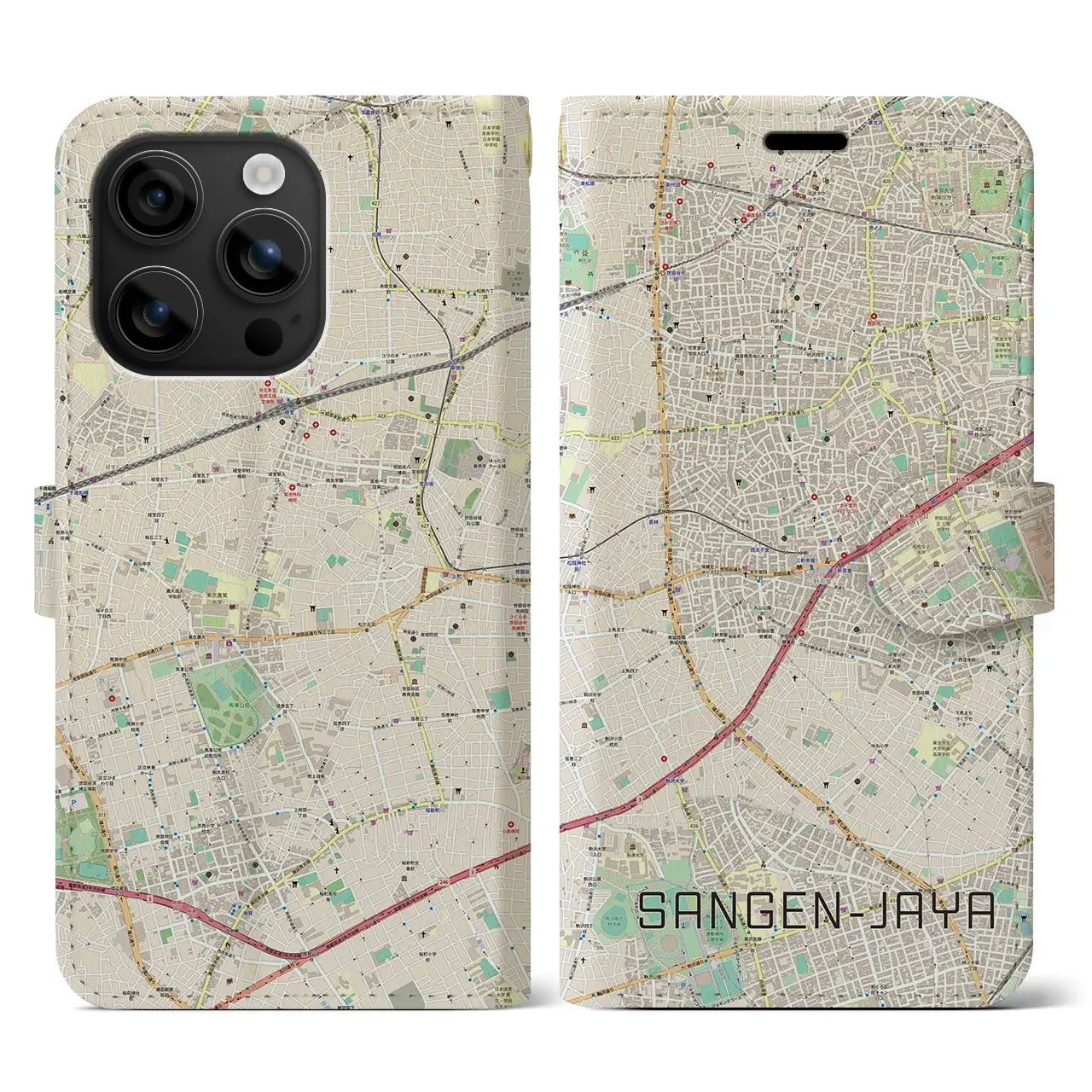 【三軒茶屋(東京都)】地図柄iPhoneケース(手帳タイプ)ナチュラル・iPhone 16 用