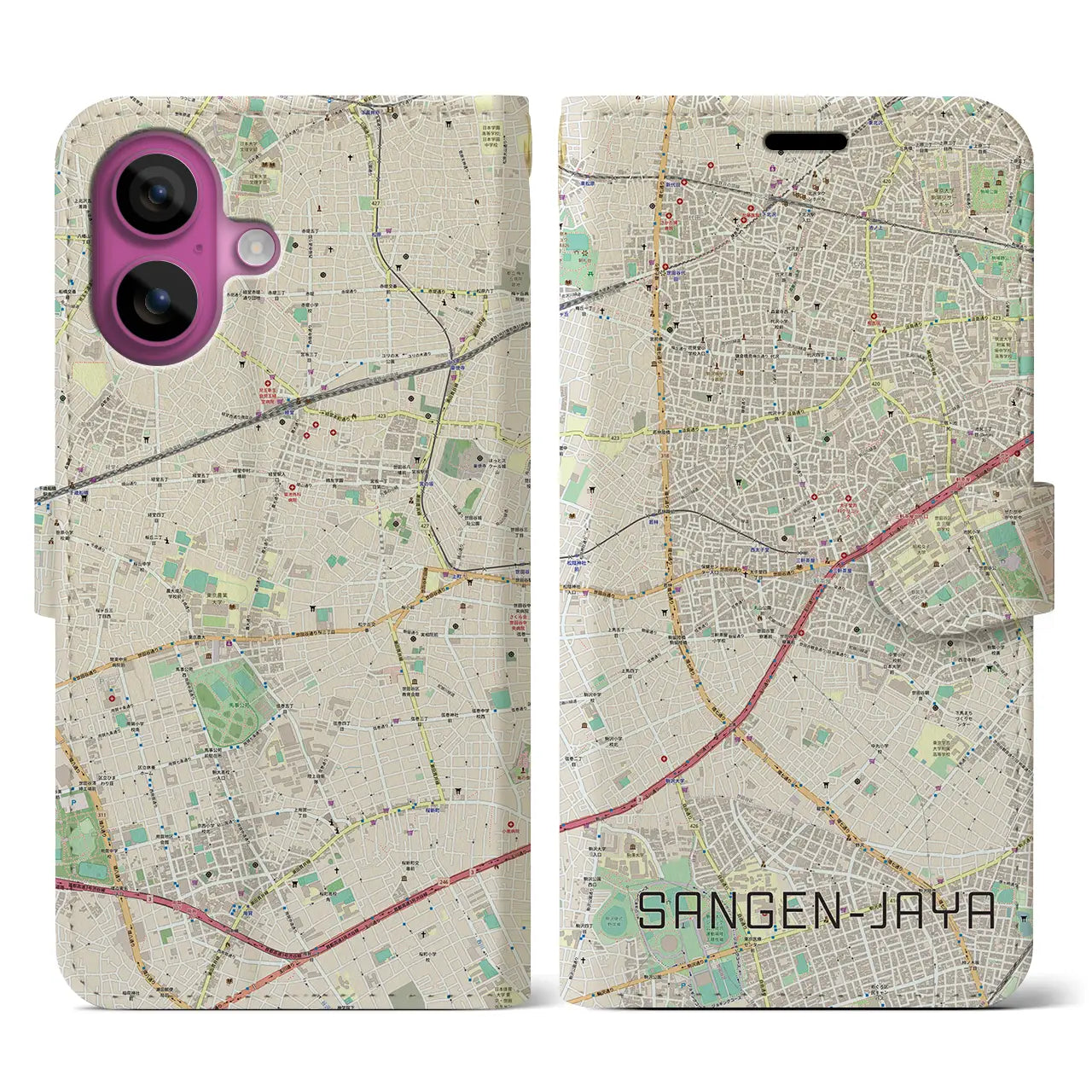 【三軒茶屋(東京都)】地図柄iPhoneケース(手帳タイプ)ナチュラル・iPhone 16 Pro 用
