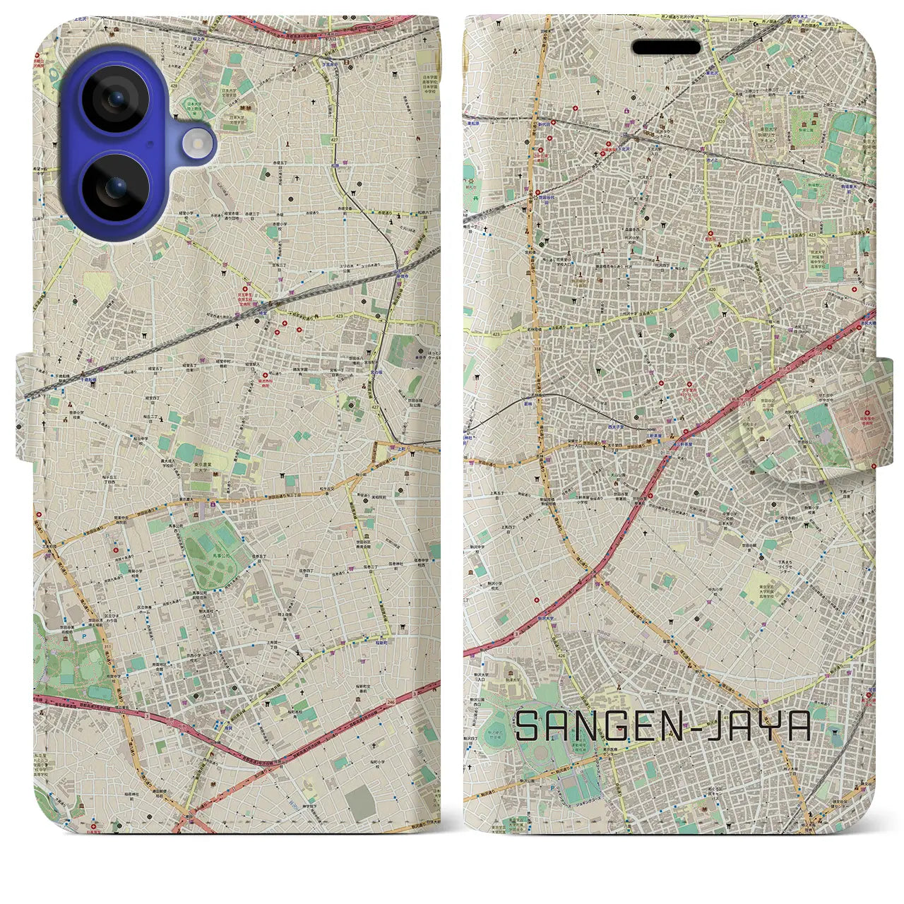 【三軒茶屋(東京都)】地図柄iPhoneケース(手帳タイプ)ナチュラル・iPhone 16 Pro Max 用
