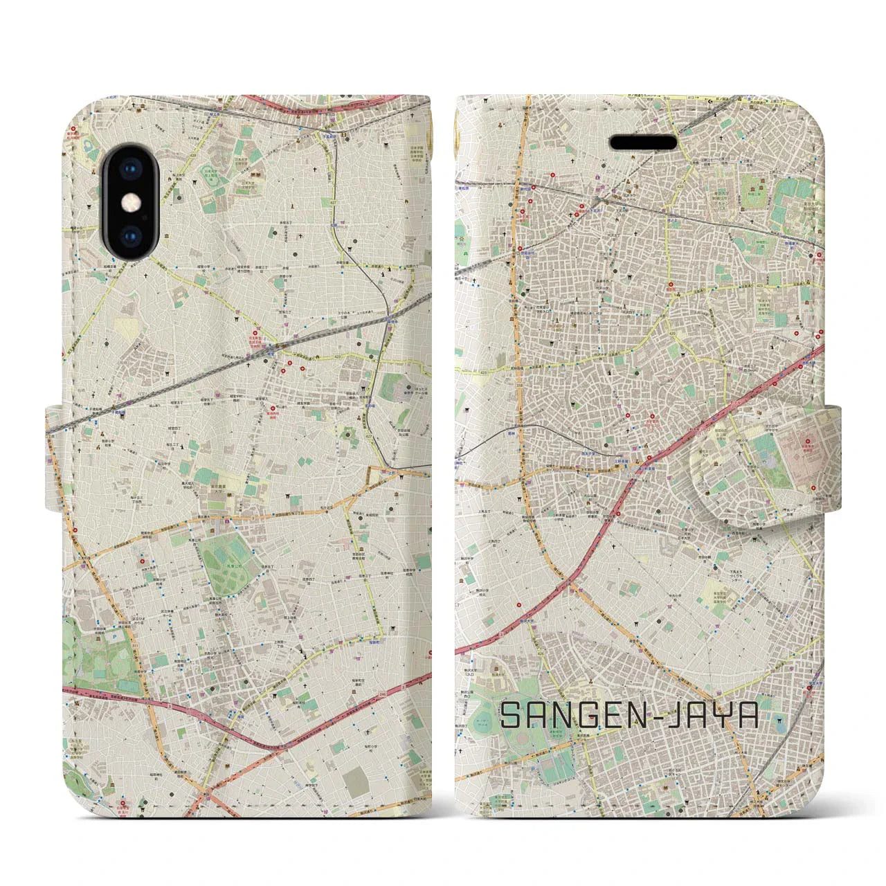 【三軒茶屋(東京都)】地図柄iPhoneケース(手帳タイプ)ナチュラル・iPhone XS / X 用
