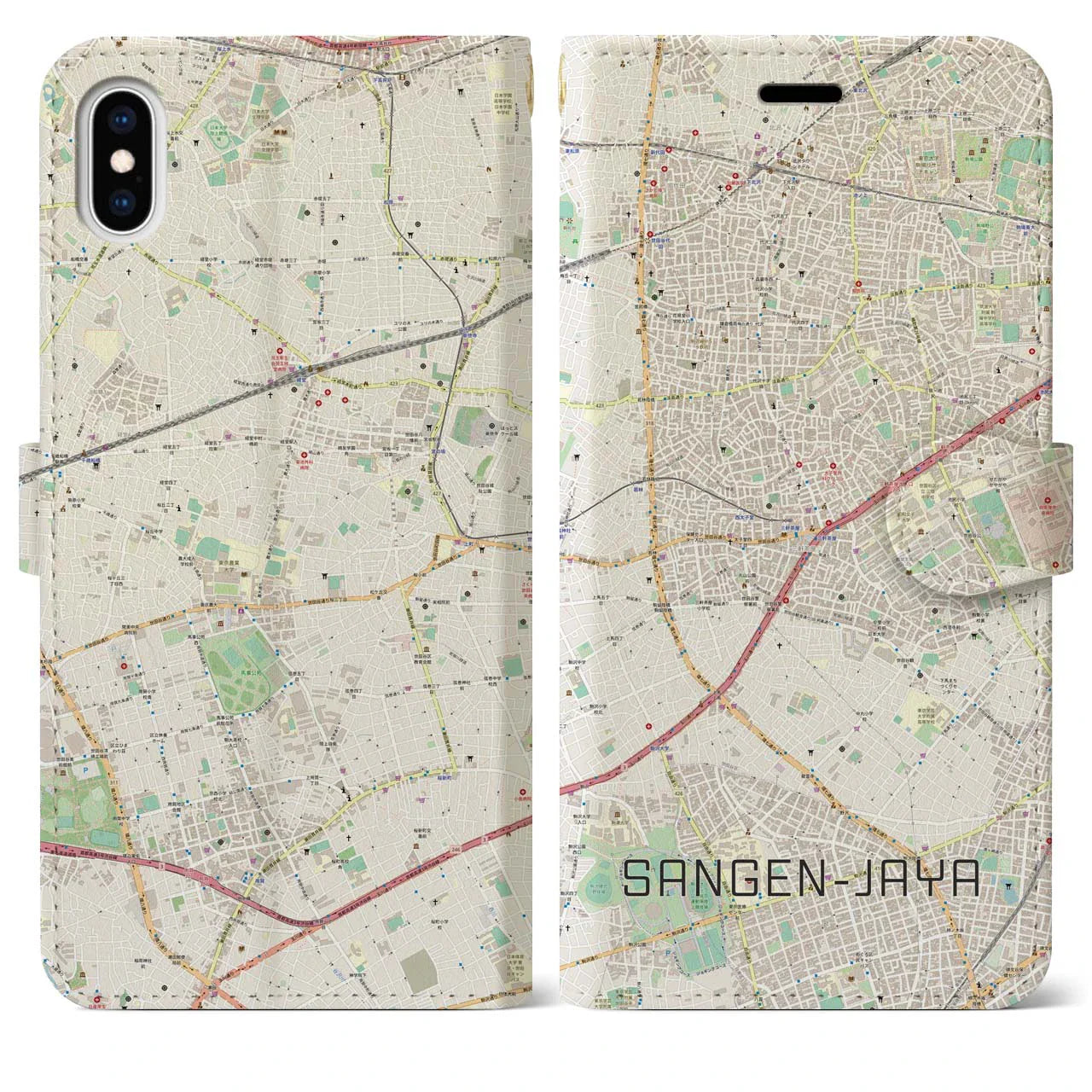 【三軒茶屋(東京都)】地図柄iPhoneケース(手帳タイプ)ナチュラル・iPhone XS Max 用