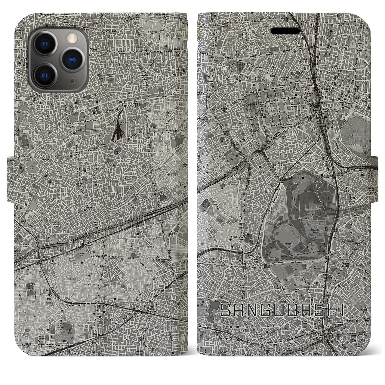 【参宮橋(東京都)】地図柄iPhoneケース(手帳タイプ)モノトーン・iPhone 11 Pro Max 用