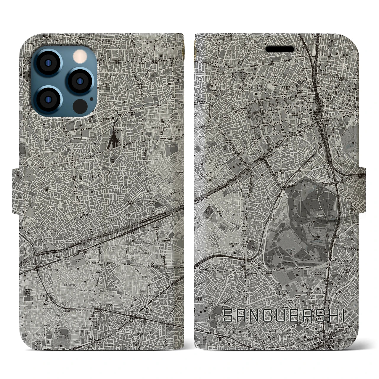 【参宮橋(東京都)】地図柄iPhoneケース(手帳タイプ)モノトーン・iPhone 12 / 12 Pro 用
