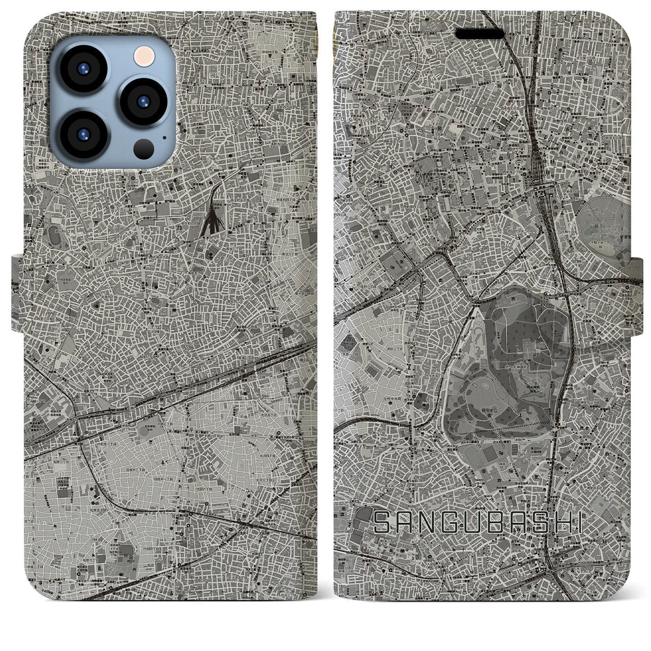 【参宮橋(東京都)】地図柄iPhoneケース(手帳タイプ)モノトーン・iPhone 13 Pro Max 用