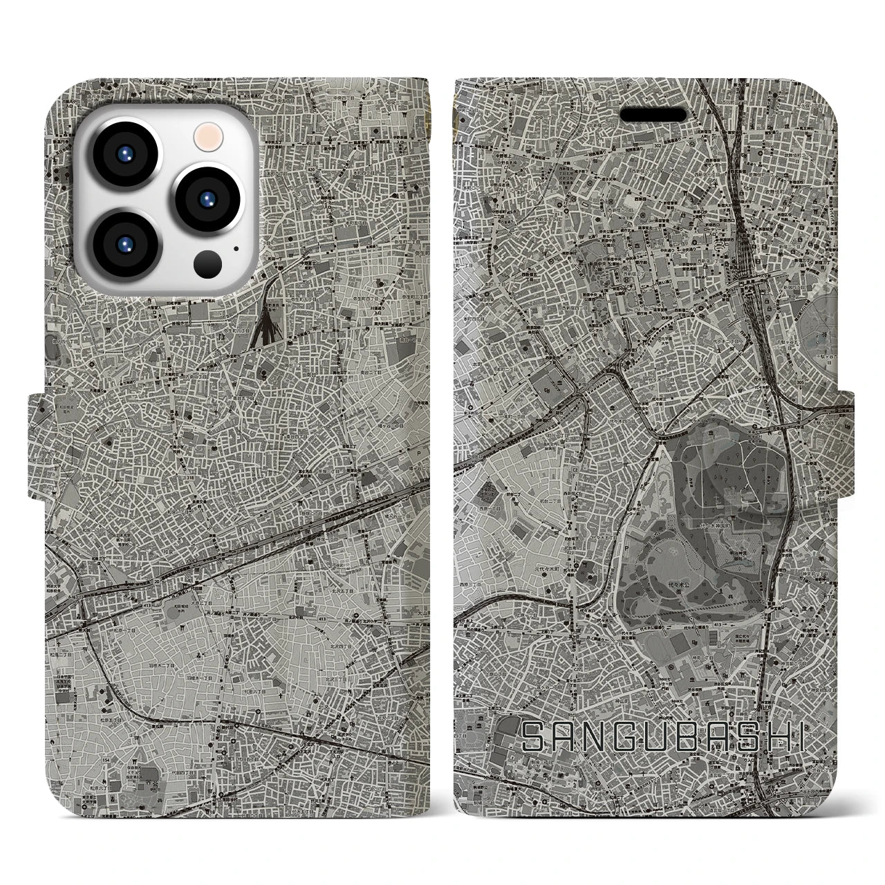 【参宮橋(東京都)】地図柄iPhoneケース(手帳タイプ)モノトーン・iPhone 13 Pro 用