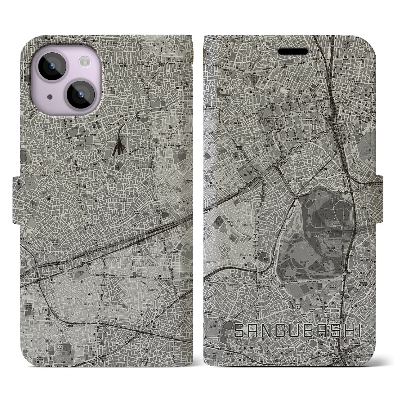 【参宮橋(東京都)】地図柄iPhoneケース(手帳タイプ)モノトーン・iPhone 14 用