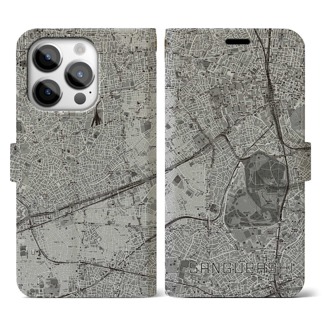 【参宮橋(東京都)】地図柄iPhoneケース(手帳タイプ)モノトーン・iPhone 14 Pro 用