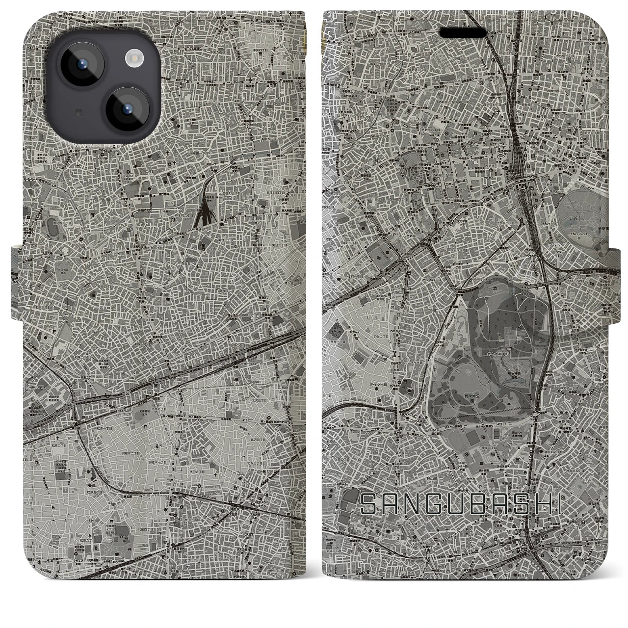 【参宮橋(東京都)】地図柄iPhoneケース(手帳タイプ)モノトーン・iPhone 14 Plus 用