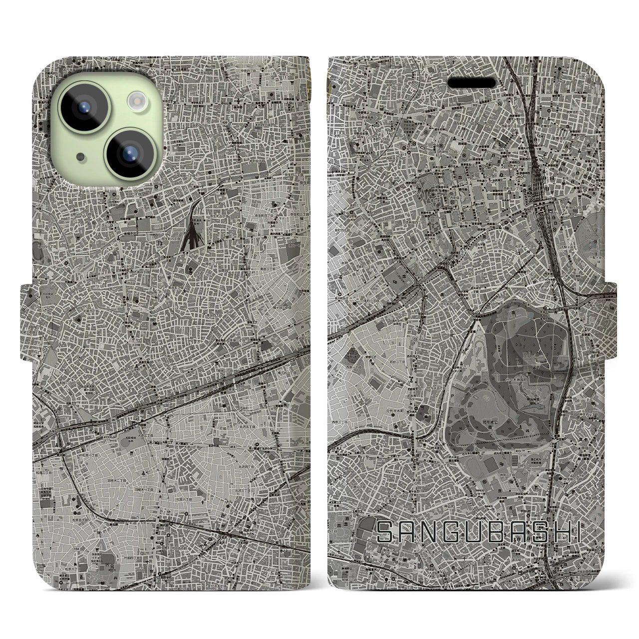 【参宮橋(東京都)】地図柄iPhoneケース(手帳タイプ)モノトーン・iPhone 15 用