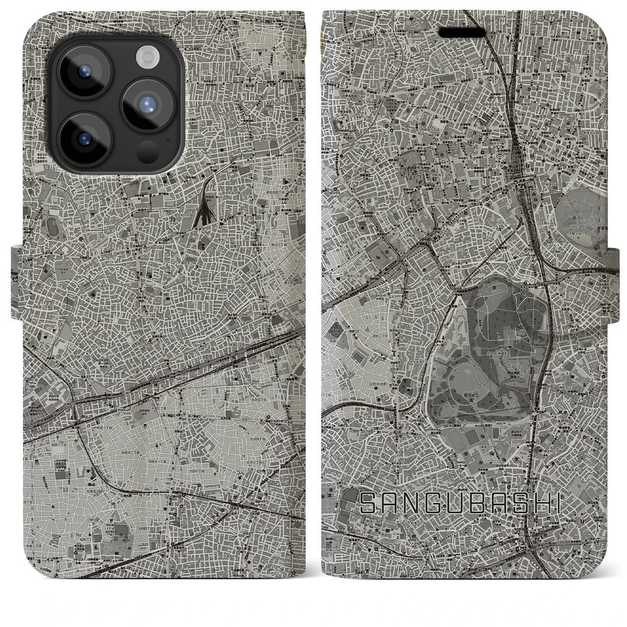 【参宮橋(東京都)】地図柄iPhoneケース(手帳タイプ)モノトーン・iPhone 15 Pro Max 用