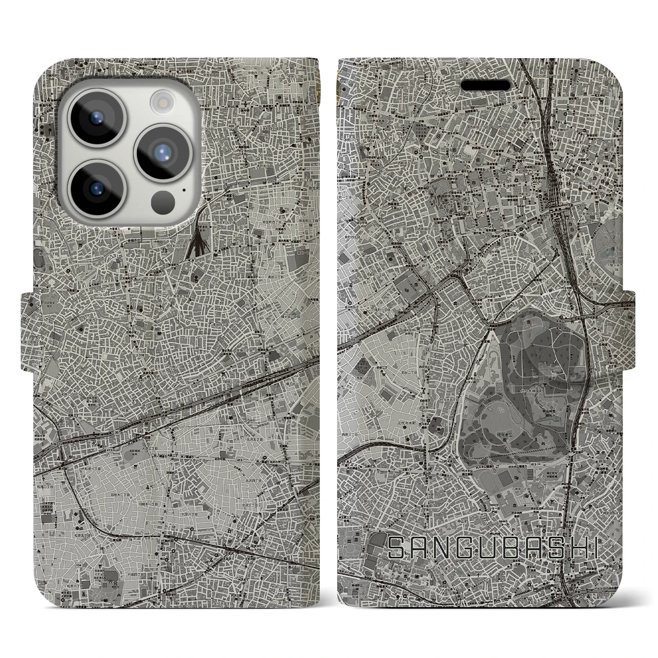 【参宮橋(東京都)】地図柄iPhoneケース(手帳タイプ)モノトーン・iPhone 15 Pro 用