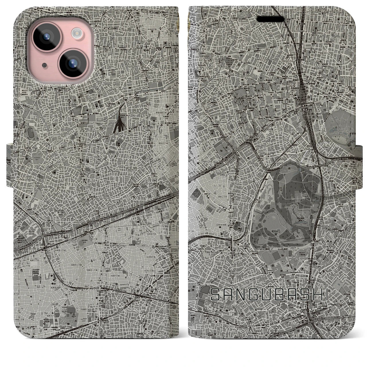 【参宮橋(東京都)】地図柄iPhoneケース(手帳タイプ)モノトーン・iPhone 15 Plus 用