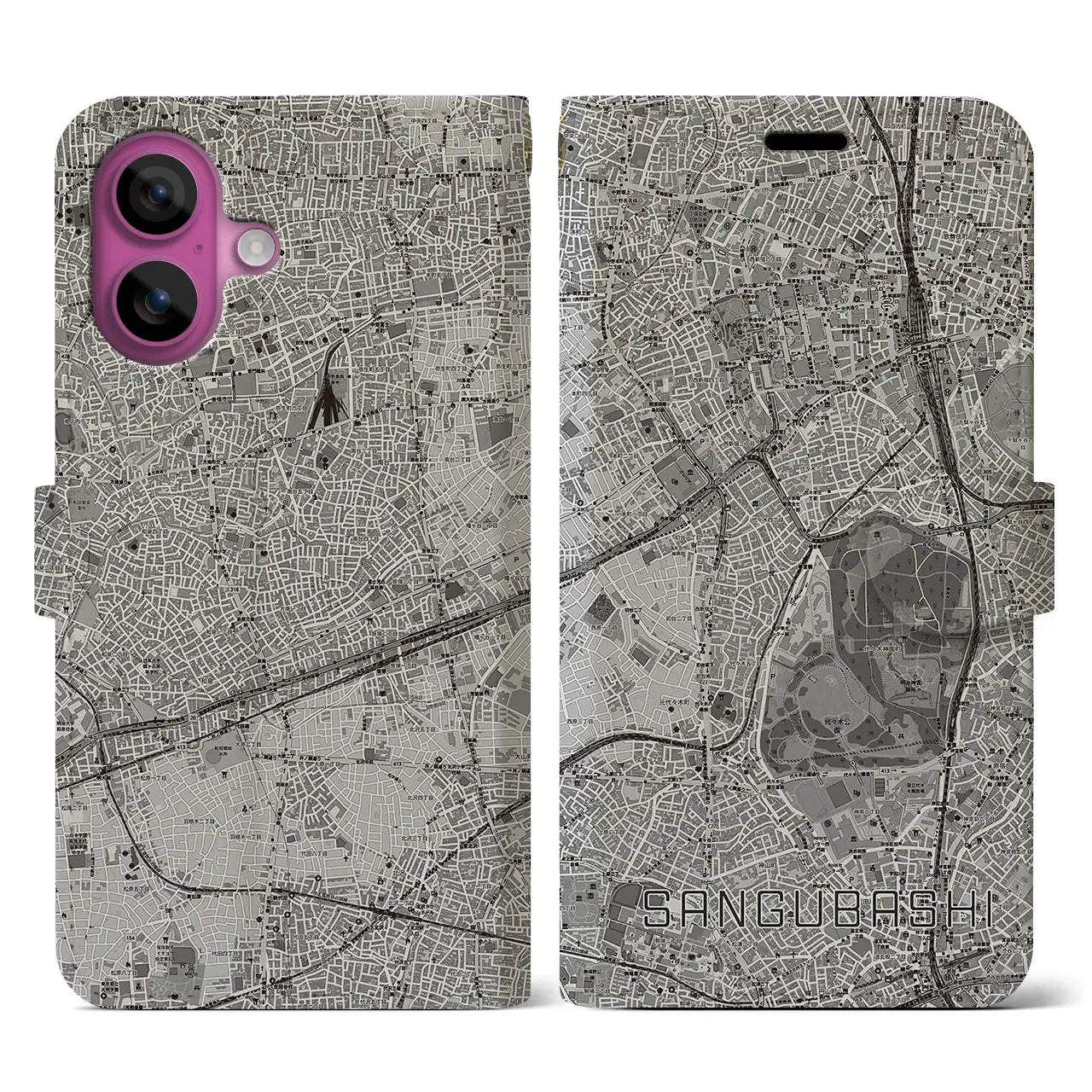 【参宮橋(東京都)】地図柄iPhoneケース(手帳タイプ)モノトーン・iPhone 16 Pro 用