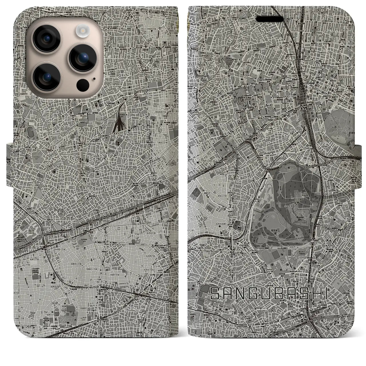 【参宮橋(東京都)】地図柄iPhoneケース(手帳タイプ)モノトーン・iPhone 16 Plus 用