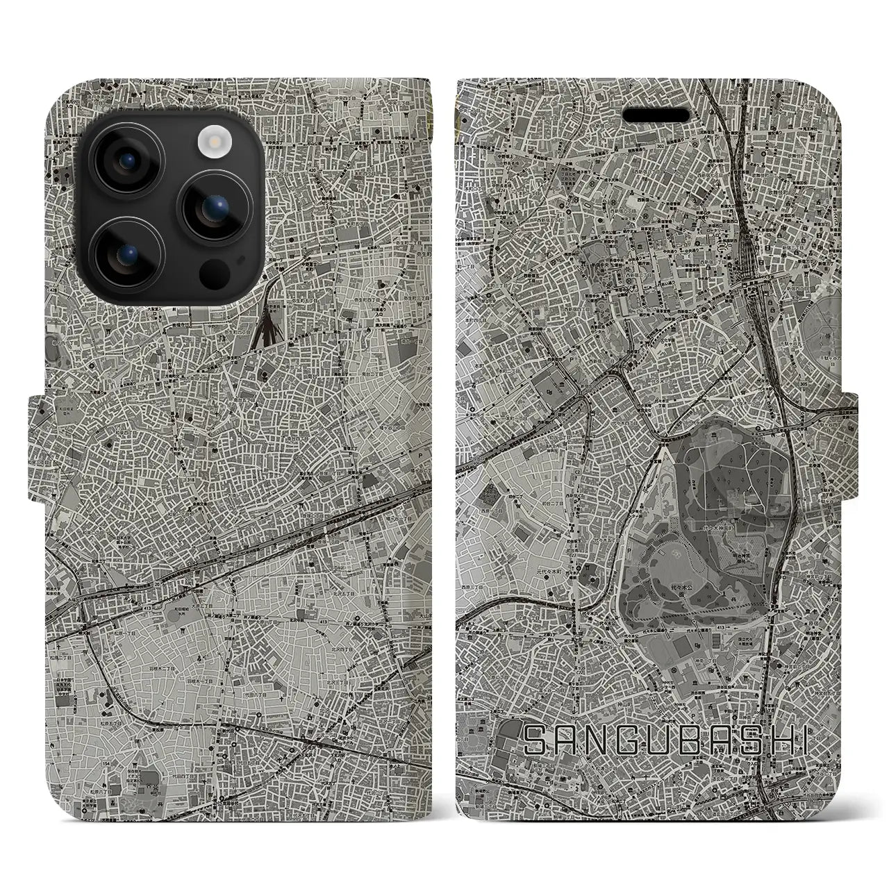 【参宮橋(東京都)】地図柄iPhoneケース(手帳タイプ)モノトーン・iPhone 16 用
