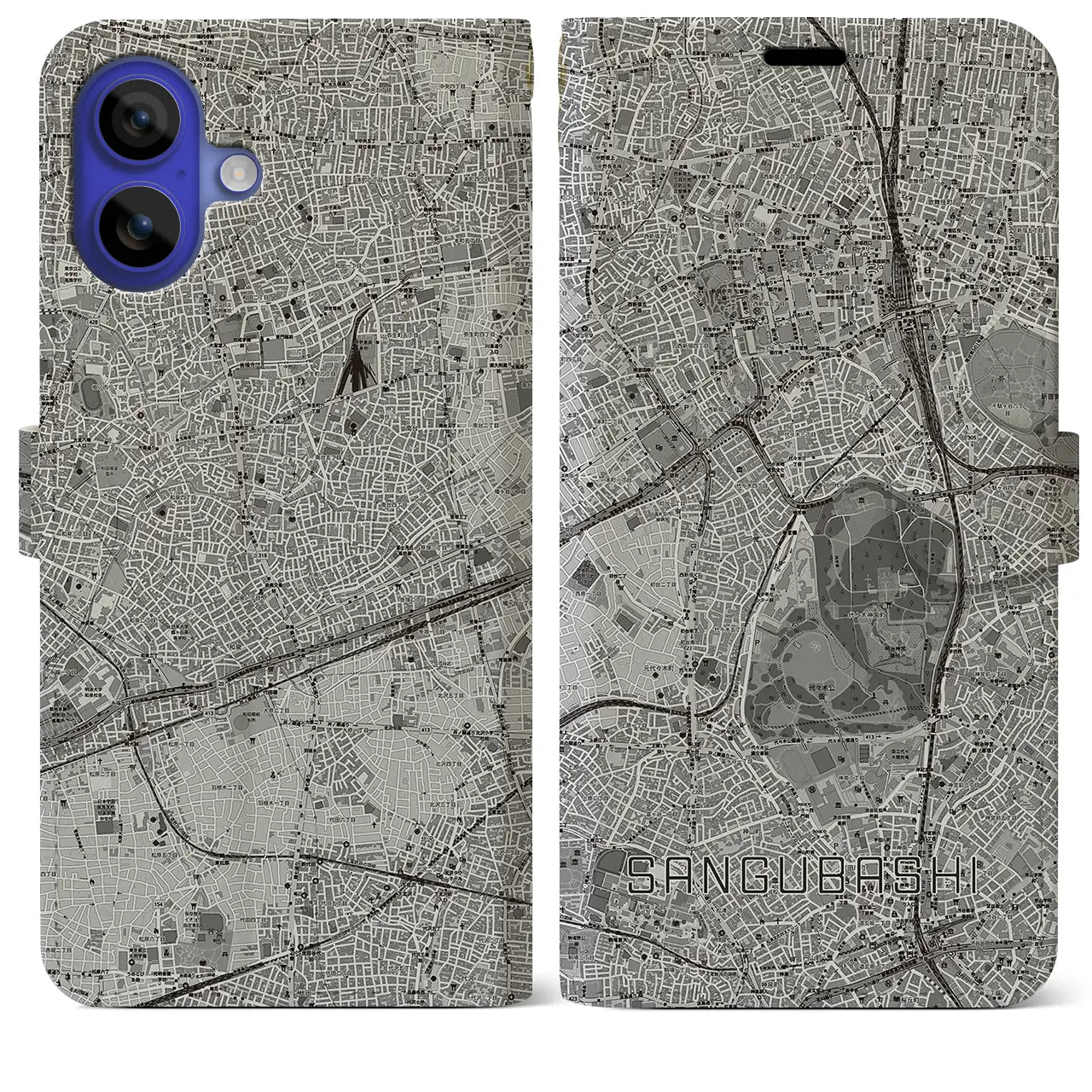 【参宮橋(東京都)】地図柄iPhoneケース(手帳タイプ)モノトーン・iPhone 16 Pro Max 用