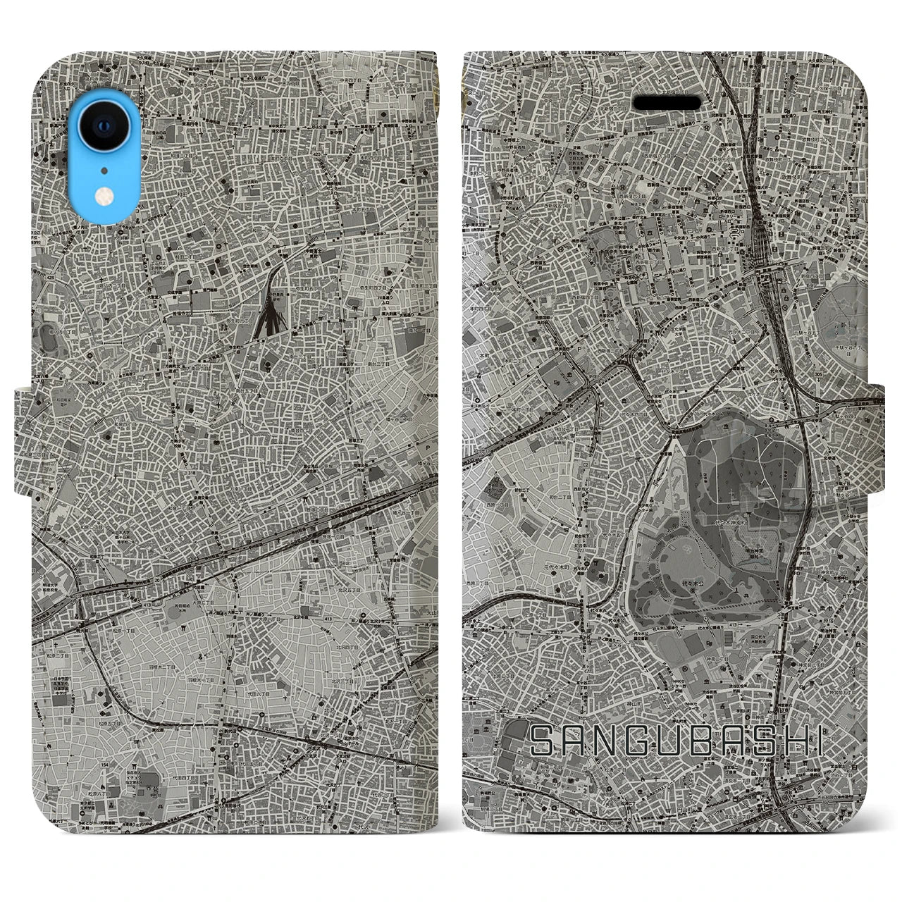 【参宮橋(東京都)】地図柄iPhoneケース(手帳タイプ)モノトーン・iPhone XR 用
