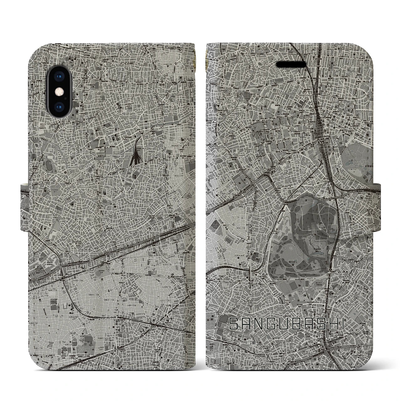 【参宮橋(東京都)】地図柄iPhoneケース(手帳タイプ)モノトーン・iPhone XS / X 用