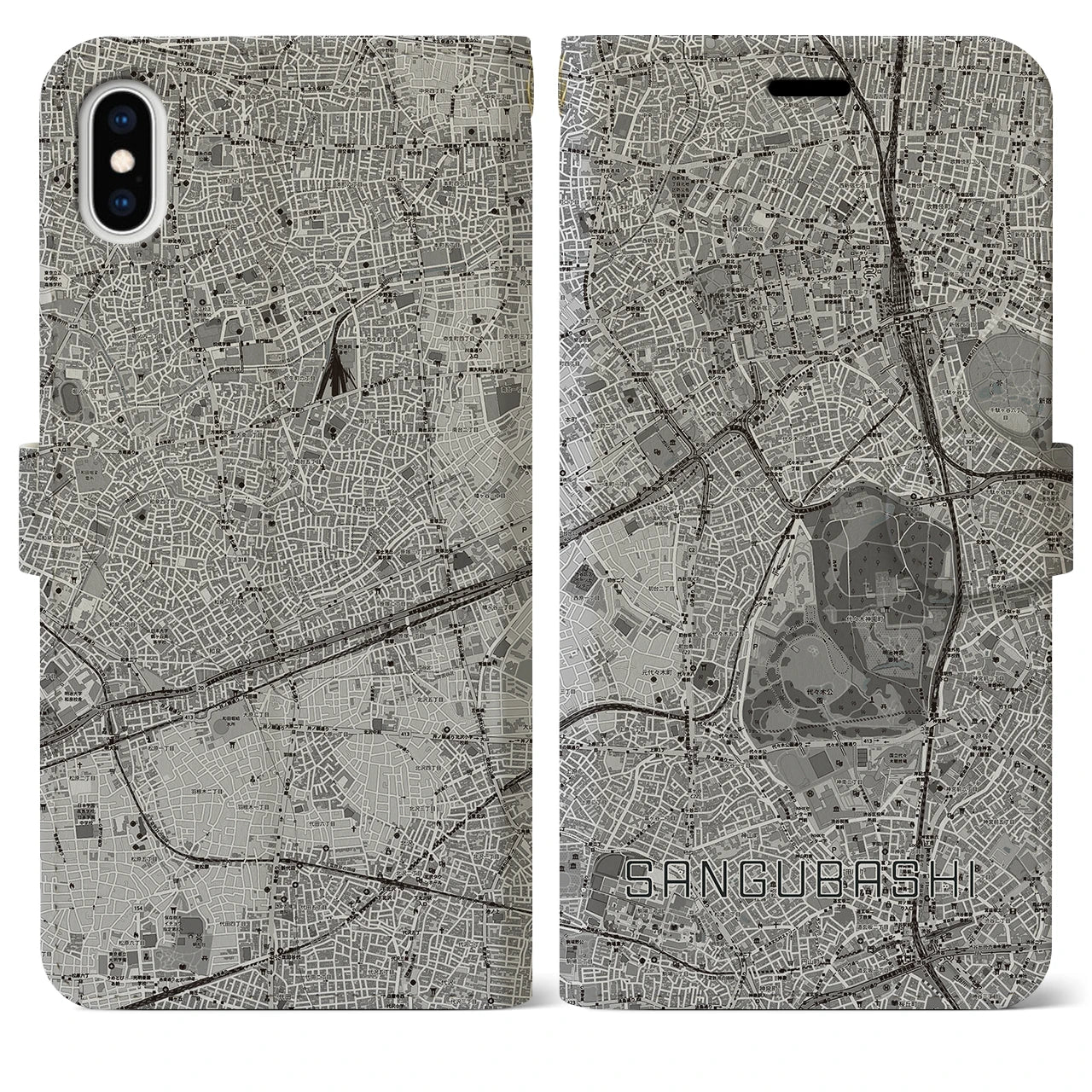 【参宮橋(東京都)】地図柄iPhoneケース(手帳タイプ)モノトーン・iPhone XS Max 用