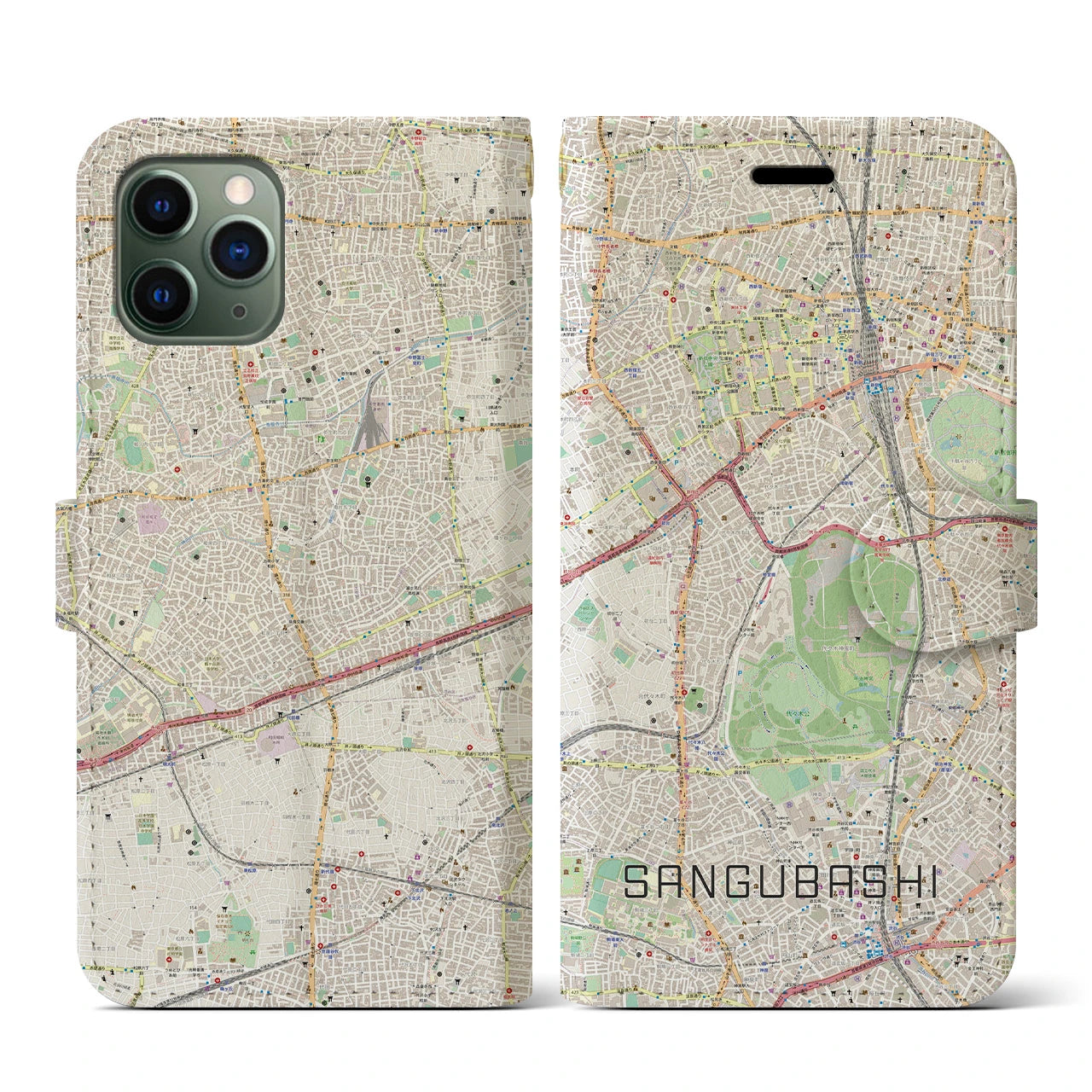 【参宮橋(東京都)】地図柄iPhoneケース(手帳タイプ)ナチュラル・iPhone 11 Pro 用