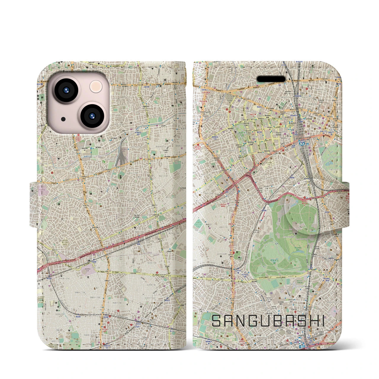 【参宮橋(東京都)】地図柄iPhoneケース(手帳タイプ)ナチュラル・iPhone 13 mini 用