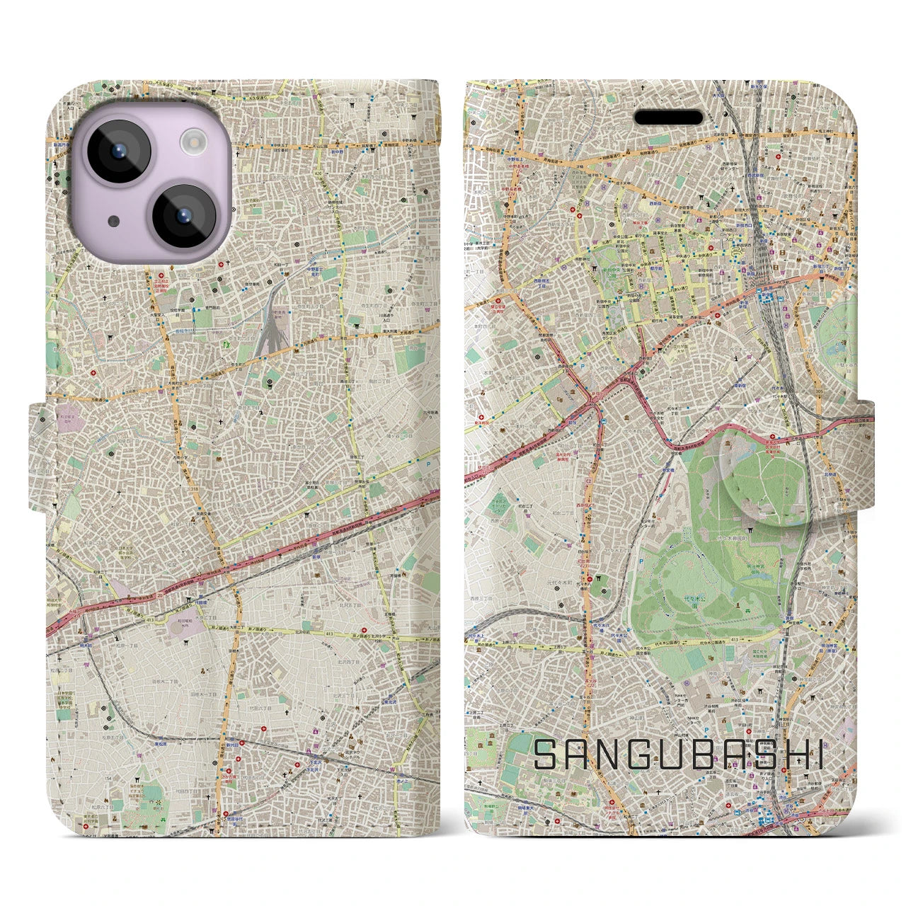 【参宮橋(東京都)】地図柄iPhoneケース(手帳タイプ)ナチュラル・iPhone 14 用