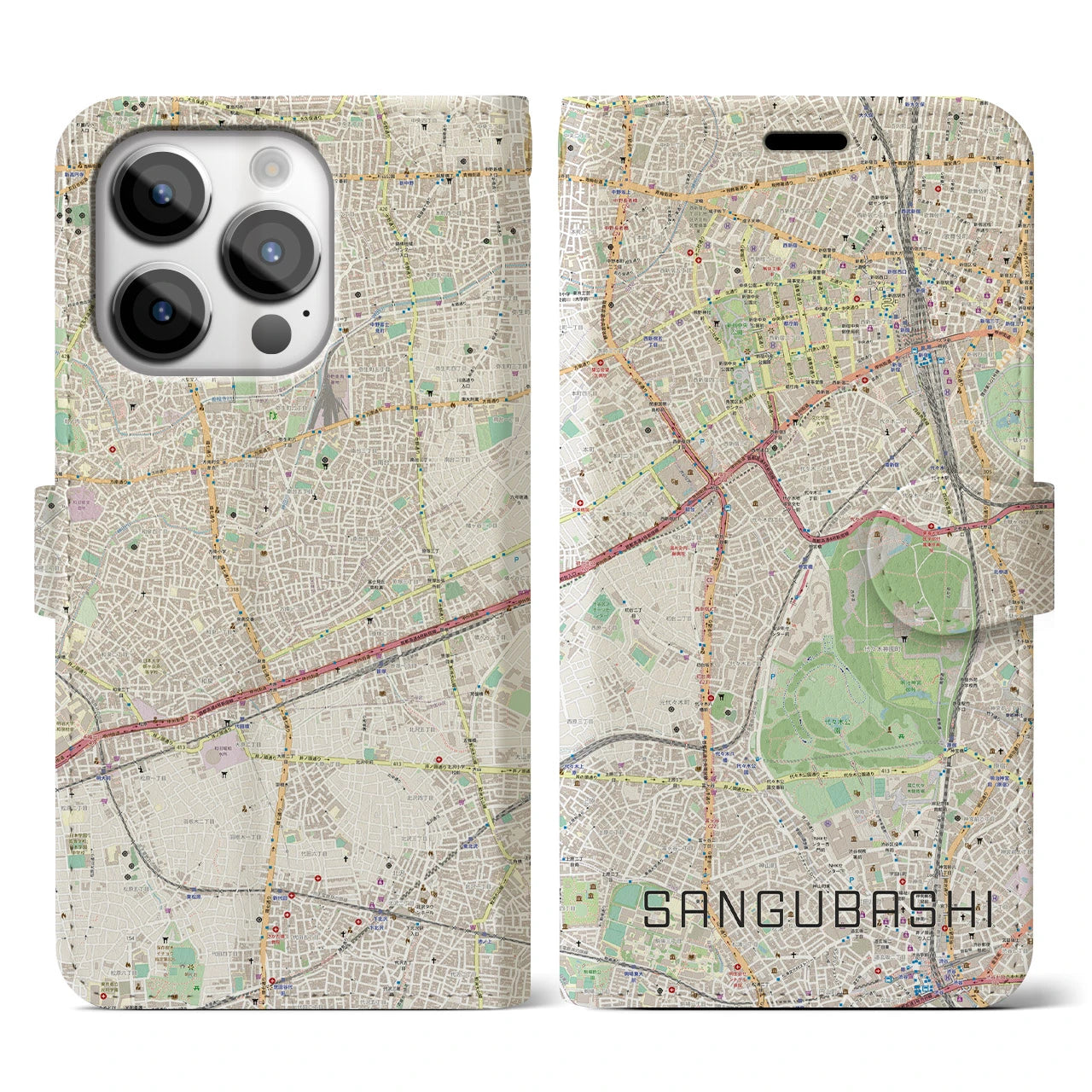 【参宮橋(東京都)】地図柄iPhoneケース(手帳タイプ)ナチュラル・iPhone 14 Pro 用