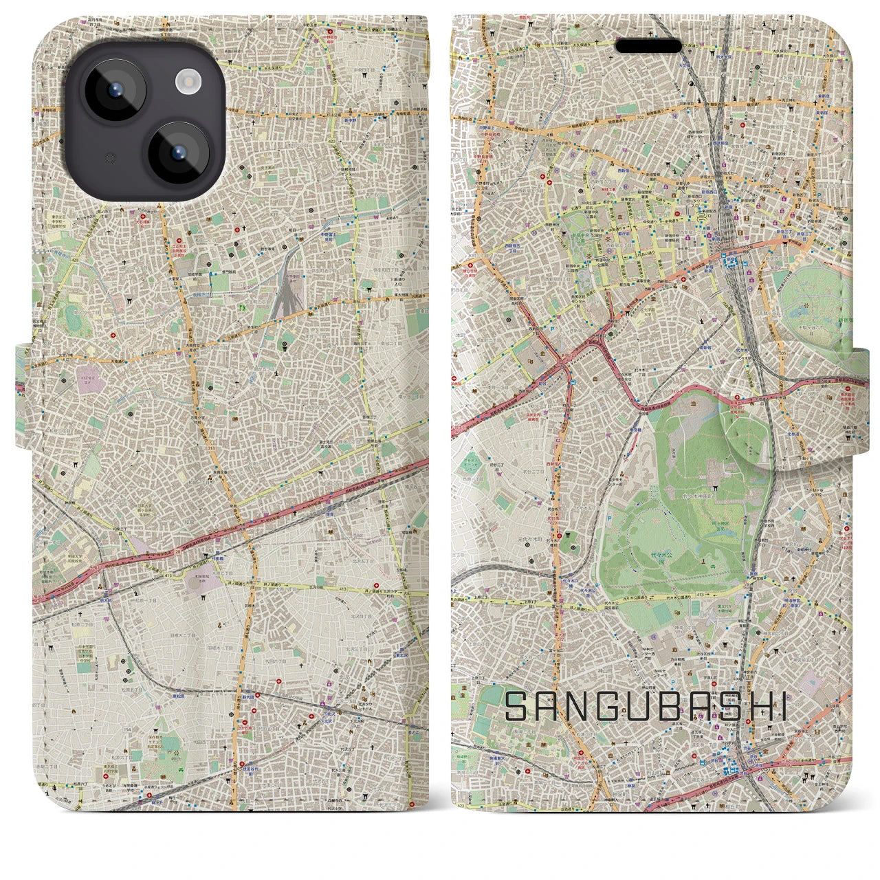 【参宮橋(東京都)】地図柄iPhoneケース(手帳タイプ)ナチュラル・iPhone 14 Plus 用