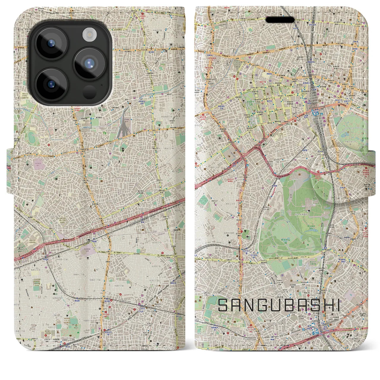 【参宮橋(東京都)】地図柄iPhoneケース(手帳タイプ)ナチュラル・iPhone 15 Pro Max 用