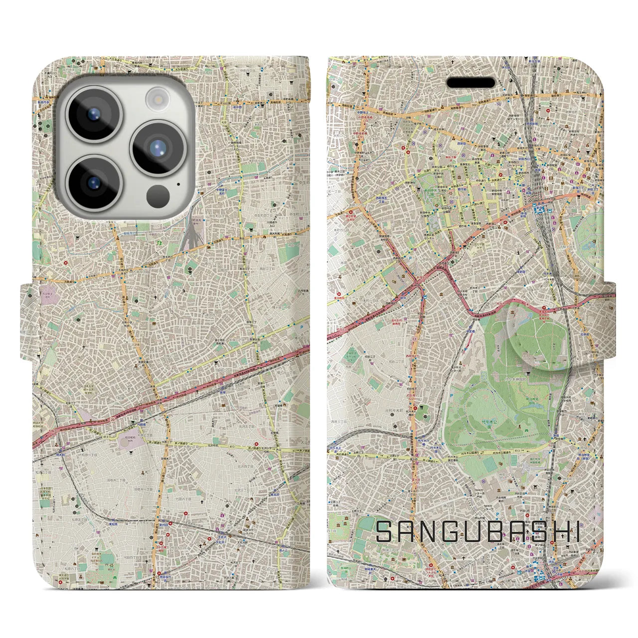 【参宮橋(東京都)】地図柄iPhoneケース(手帳タイプ)ナチュラル・iPhone 15 Pro 用