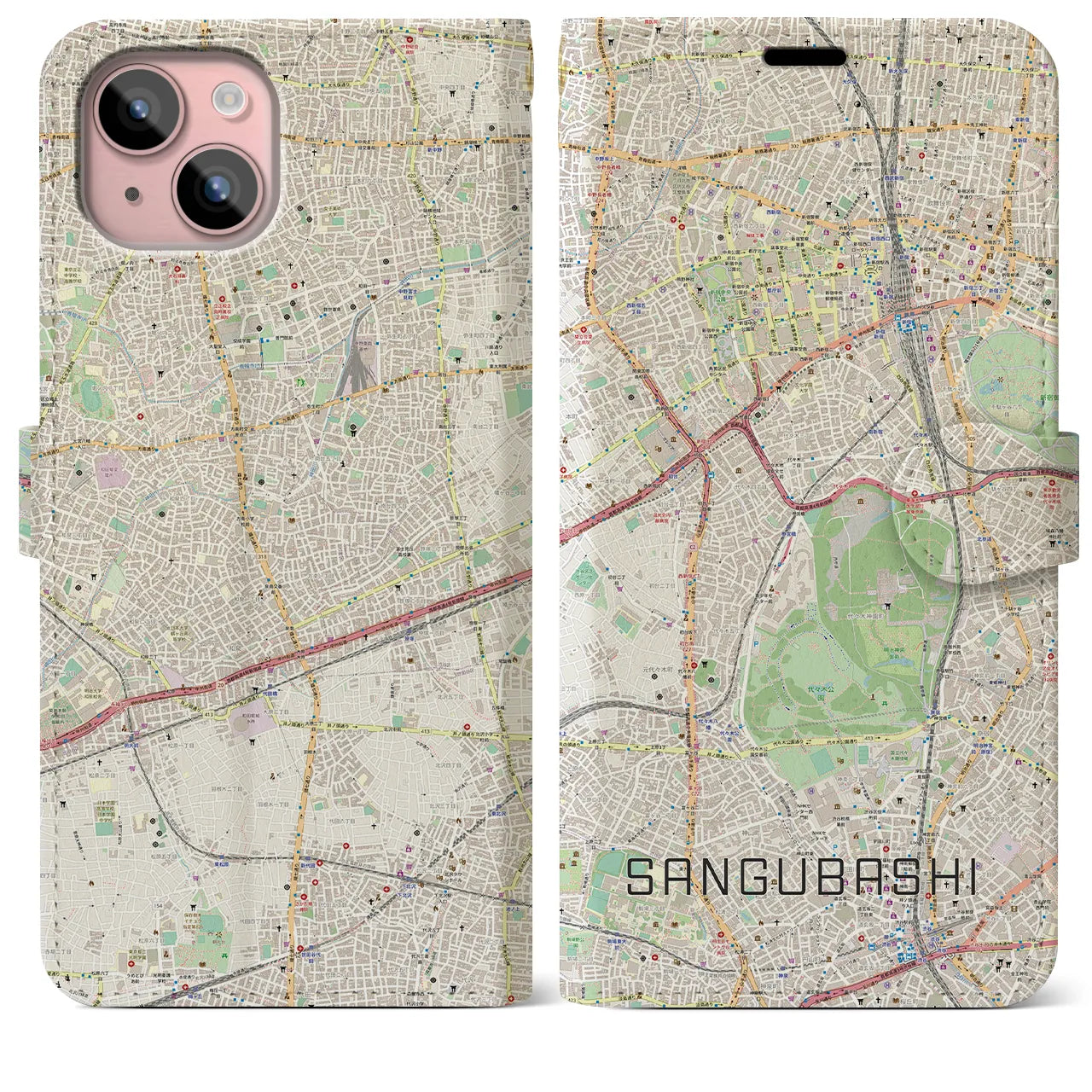【参宮橋(東京都)】地図柄iPhoneケース(手帳タイプ)ナチュラル・iPhone 15 Plus 用