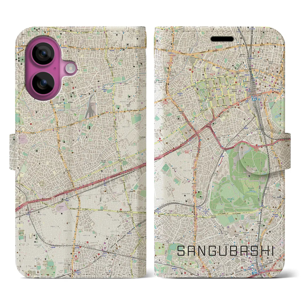 【参宮橋(東京都)】地図柄iPhoneケース(手帳タイプ)ナチュラル・iPhone 16 Pro 用