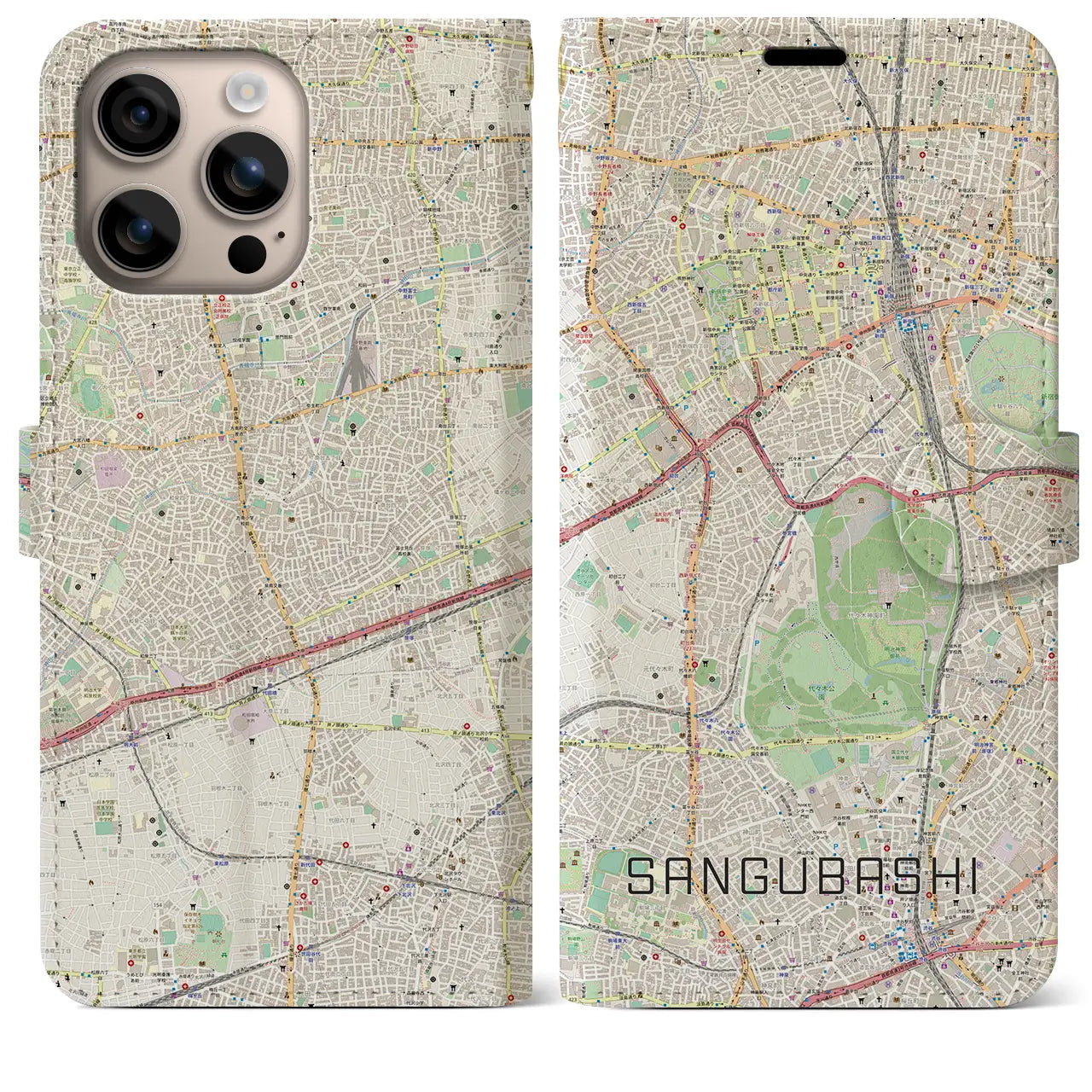【参宮橋(東京都)】地図柄iPhoneケース(手帳タイプ)ナチュラル・iPhone 16 Plus 用