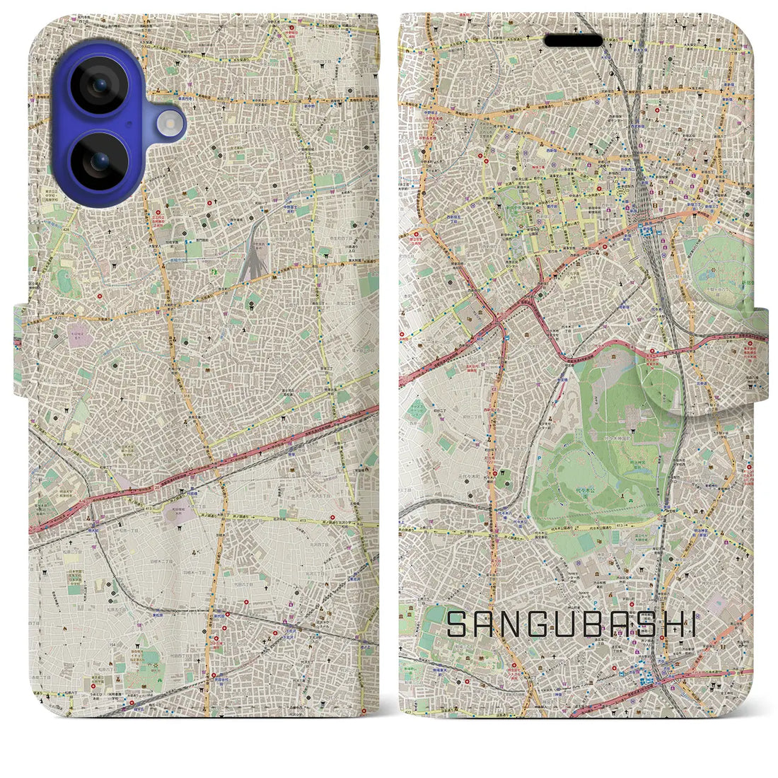 【参宮橋(東京都)】地図柄iPhoneケース(手帳タイプ)ナチュラル・iPhone 16 Pro Max 用