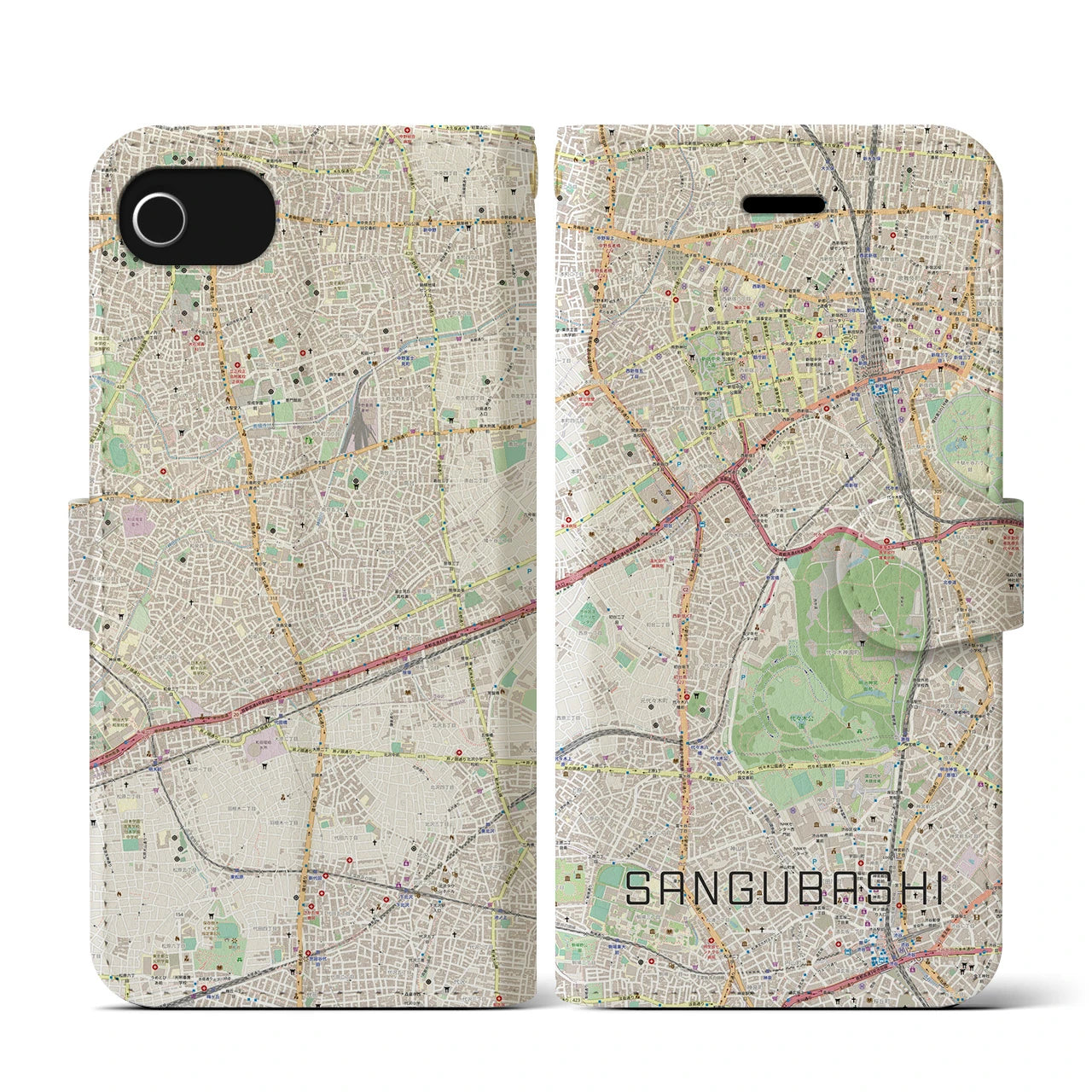 【参宮橋(東京都)】地図柄iPhoneケース(手帳タイプ)ナチュラル・iPhone SE(第3 / 第2世代) / 8 / 7 / 6s / 6 用