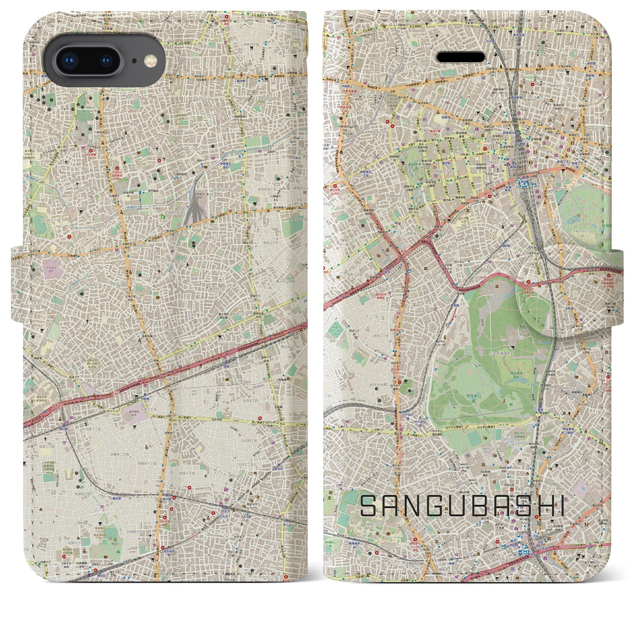 【参宮橋(東京都)】地図柄iPhoneケース(手帳タイプ)ナチュラル・iPhone 8Plus /7Plus / 6sPlus / 6Plus 用