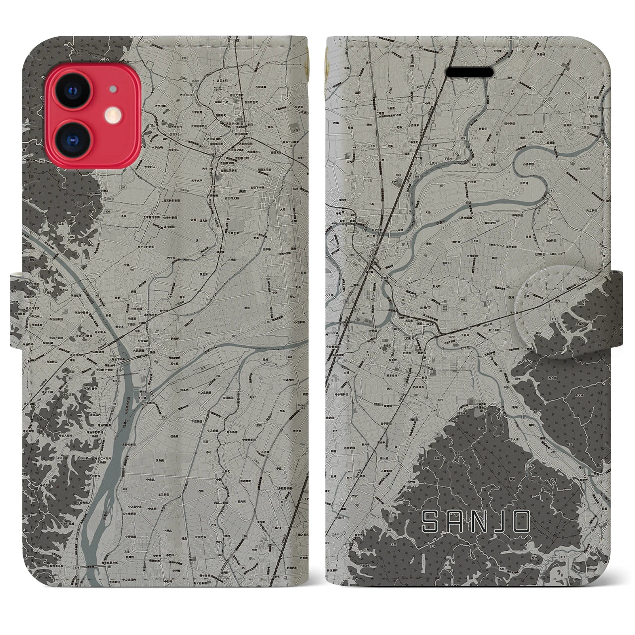 【三条(新潟県)】地図柄iPhoneケース(手帳タイプ)モノトーン・iPhone 11 用