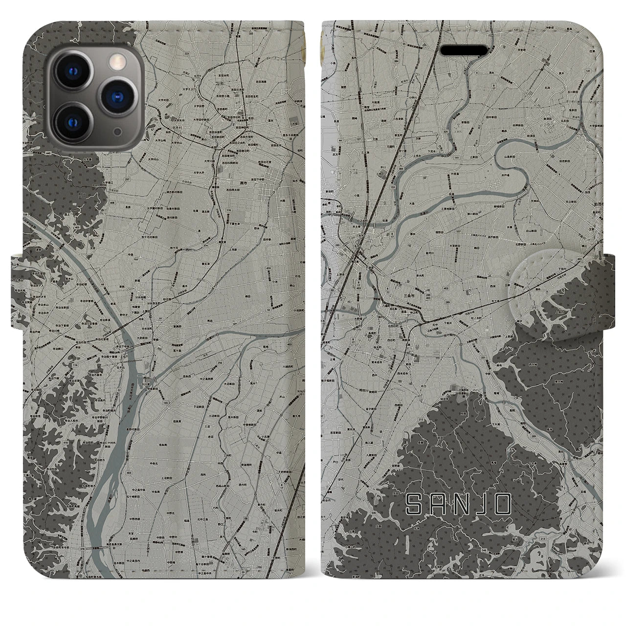 【三条(新潟県)】地図柄iPhoneケース(手帳タイプ)モノトーン・iPhone 11 Pro Max 用