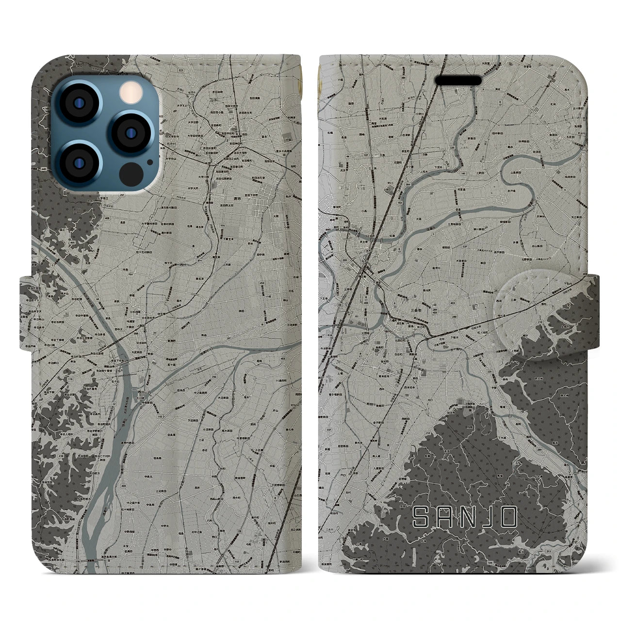 【三条(新潟県)】地図柄iPhoneケース(手帳タイプ)モノトーン・iPhone 12 / 12 Pro 用