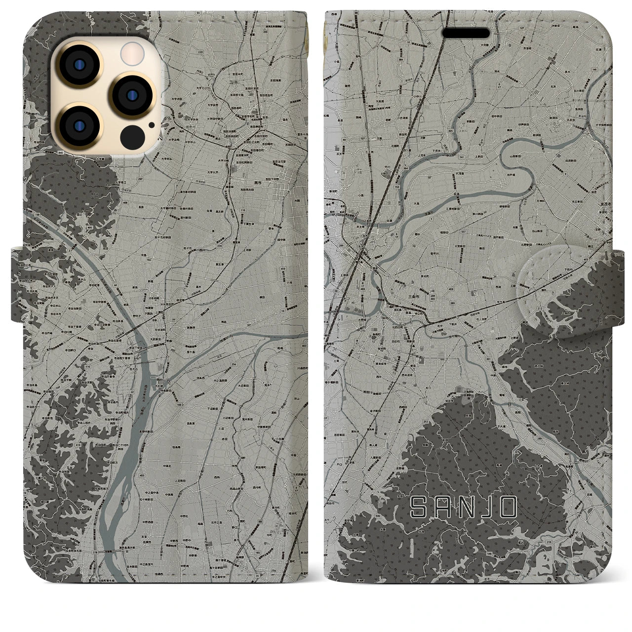 【三条(新潟県)】地図柄iPhoneケース(手帳タイプ)モノトーン・iPhone 12 Pro Max 用