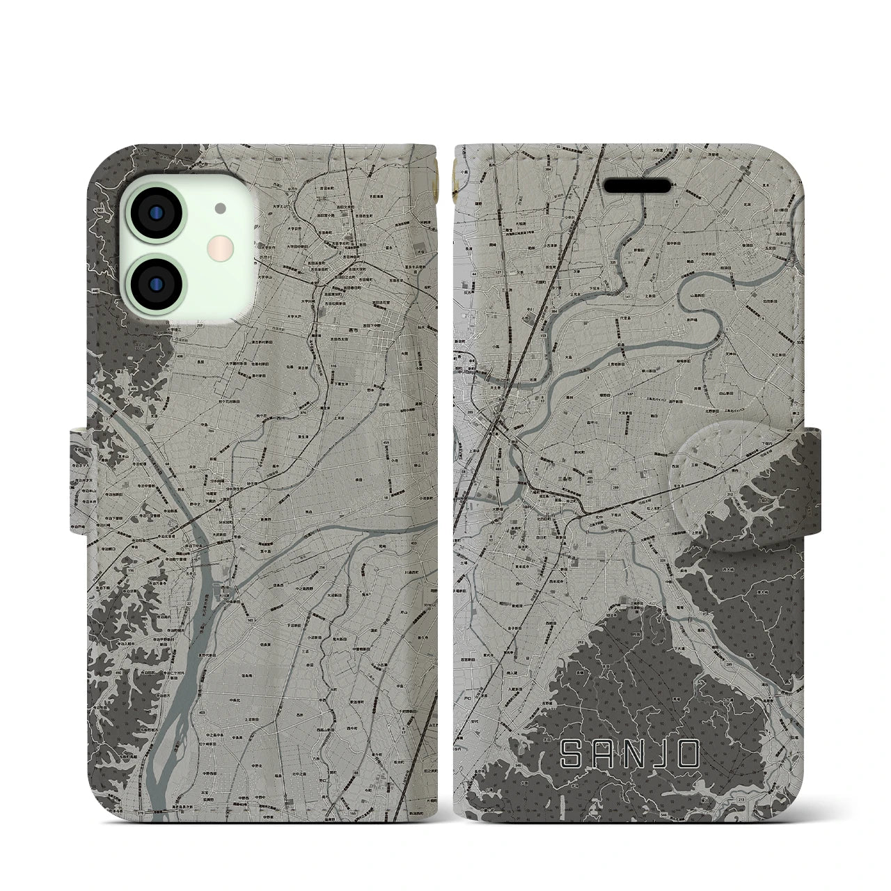 【三条(新潟県)】地図柄iPhoneケース(手帳タイプ)モノトーン・iPhone 12 mini 用